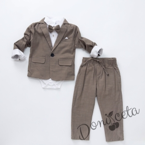 Бебешки тънък костюм от 4 части за момче-сако в кафяво, боди-риза в бяло и панталон в кафяво и папийонка