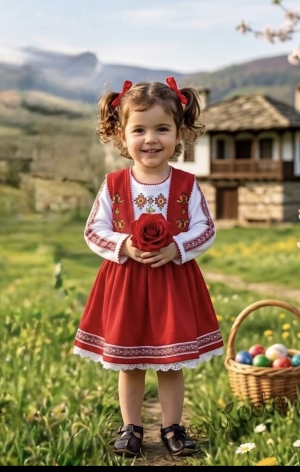 Комплект от детска рокля в червено с фолклорни етно мотиви с ръкав и елек в червено