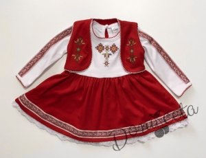 Комплект от детска рокля в червено с фолклорни етно мотиви с ръкав и елек в червено