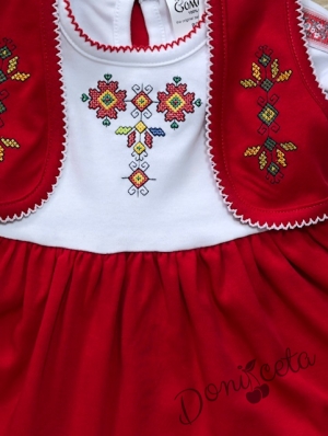Комплект от детска рокля в червено с фолклорни етно мотиви с ръкав и елек в червено