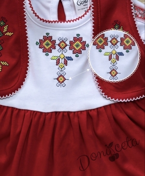 Комплект от детска рокля в червено с фолклорни етно мотиви с ръкав и елек в червено