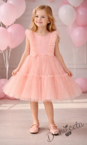 Официална или ежедневна детска рокля в прасковено с ефирен тюлен завършек