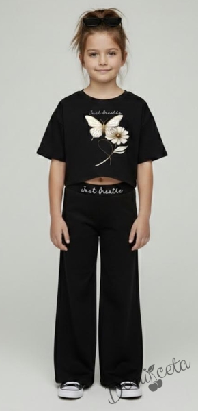 Комплект за момиче от блузка с къс ръкав в черно с пеперуда и панталон с широки крачоли