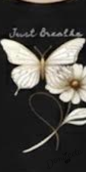 Комплект за момиче от блузка с къс ръкав в черно с пеперуда и панталон с широки крачоли