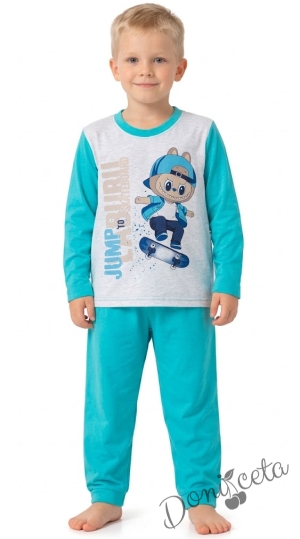 Детска пижама  Лабубу за момче с дълъг ръкав в тюркоаз 