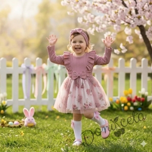 Детска ежедневна рокля с дълъг ръкав в пепел от рози с къдрички и тюл в долната част