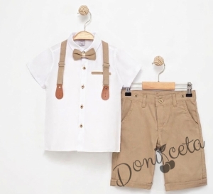 Летен официален комплект за момче от 4 части - ризка в бяло с къс ръкав и имитация на джоб, къси панталони, тиранти и папийонка в бежово 