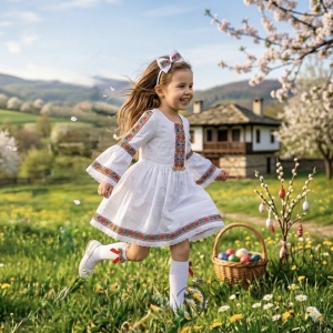 Детска етно рокля Ели тип носия с ръкав до лакътя в бяло с шевица и фолклорни мотиви 