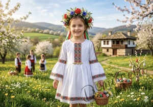 Комплект от детска етно рокля Ели тип носия с ръкав до лакътя в бяло с шевица с фолклорни мотиви , чорапки и диадема