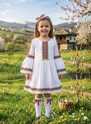 Комплект от детска етно рокля Ели тип носия с ръкав до лакътя в бяло с шевица с фолклорни мотиви , чорапки и диадема