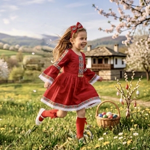 Детска етно рокля Ели в червено тип носия с ръкав до лакътя в бяло с шевица и фолклорни мотиви 