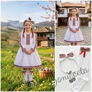 Комплект от детска етно рокля тип носия с ръкав до лакътя в бяло с шевица с фолклорни мотиви , чорапки и диадема