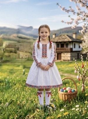Комплект от детска етно рокля тип носия с ръкав до лакътя в бяло с шевица с фолклорни мотиви , чорапки и диадема