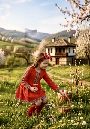 Комплект от детска етно рокля тип носия с ръкав до лакътя в червено с шевица с фолклорни мотиви , чорапки и диадема 