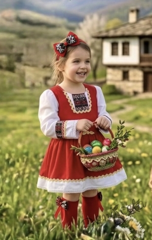 Комплект от детска етно рокля тип носия в червено с шевица с фолклорни мотиви , чорапки и диадема 