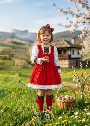 Комплект от детска етно рокля тип носия в червено с шевица с фолклорни мотиви , чорапки и диадема 