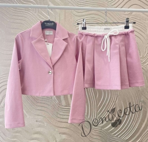 Комплект за момиче от 3 части-пола , бюстие и късо сако с дълъг ръкав в розово