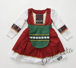 Детска рокля с дълъг ръкав в червено с фолклорни/етно мотиви тип народна носия с престилка в зелено