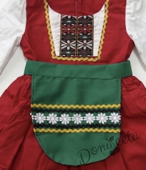 Детска рокля с дълъг ръкав в червено с фолклорни/етно мотиви тип народна носия с престилка в зелено