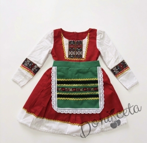 Детска етно рокля с дълъг ръкав в червено с фолклорни/етно мотиви тип народна носия с престилка в зелено