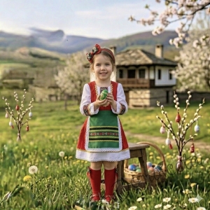 Детска етно рокля с дълъг ръкав в червено с фолклорни/етно мотиви тип народна носия с престилка в зелено