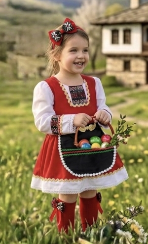 Детска рокля с дълъг ръкав в червено с фолклорни/етно мотиви тип народна носия с престилка в черно