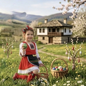 Детска рокля с дълъг ръкав в червено с фолклорни/етно мотиви тип народна носия с престилка в черно