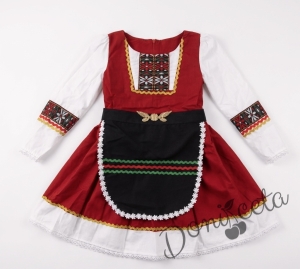 Детска рокля с дълъг ръкав в червено с фолклорни/етно мотиви тип народна носия с престилка в черно