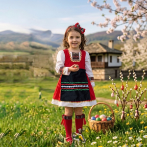 Детска рокля с дълъг ръкав в червено с фолклорни и етно мотиви тип народна носия с престилка в черно