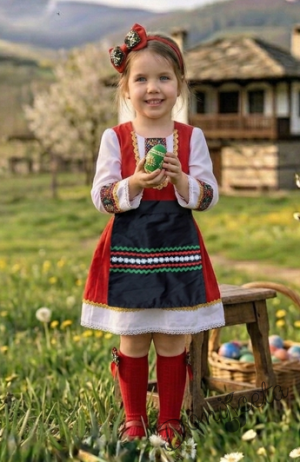 Детска рокля с дълъг ръкав в червено с фолклорни и етно мотиви тип народна носия с престилка в черно