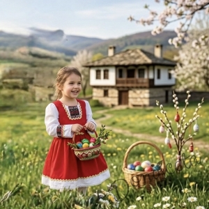 Детска рокля с дълъг ръкав в червено с фолклорни и етно мотиви тип народна носия с престилка в черно