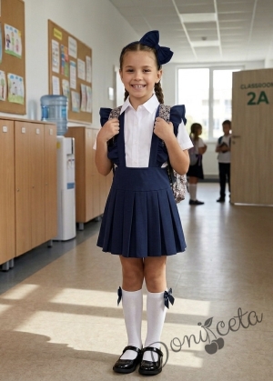 Комплект от детски сукман за момиче с къдрички в тъмносиньо Калина и ризка в бяло