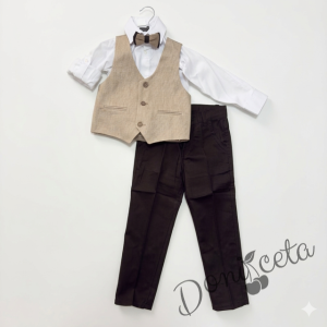 Официален костюм за момче с елек в бежово с двуредово закопчаване, риза в бяло, панталон в черно и папийонка 2