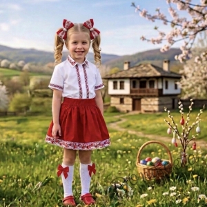 Комплект за момиче от 2 части- пола с риза с къс ръкав с фолклорни/етно мотиви 