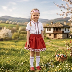 Комплект за момиче от 2 части- пола с риза с къс ръкав с фолклорни/етно мотиви 