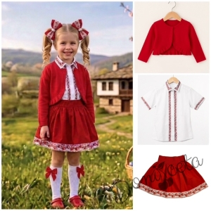 Комплект за момиче от 3 части- пола, риза с къс ръкав с фолклорни/етно мотиви и болеро в червено