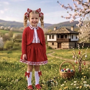 Комплект за момиче от 3 части- пола, риза с къс ръкав с фолклорни/етно мотиви и болеро в червено