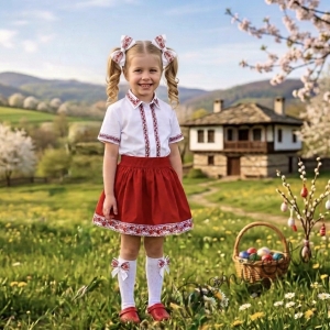 Комплект за момиче от 4 части- пола, риза с къс ръкав и къдрици с фолклорни/етно мотиви, чорапи и диадема