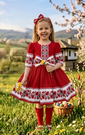 Детска етно рокля Боряна в червено тип носия с ръкав до лакътя с коланче с панделка в бяло с шевица и фолклорни мотиви 