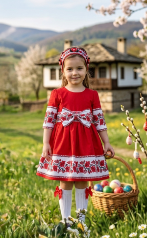 Детска етно рокля Боряна в червено тип носия с ръкав до лакътя с коланче с панделка в бяло с шевица и фолклорни мотиви 