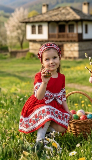 Детска етно рокля Боряна в червено тип носия с ръкав до лакътя с коланче с панделка в бяло с шевица и фолклорни мотиви 