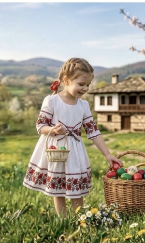 Детска етно рокля Боряна в бяло тип носия с ръкав до лакътя с коланче с панделка в бяло с шевица и фолклорни мотиви 