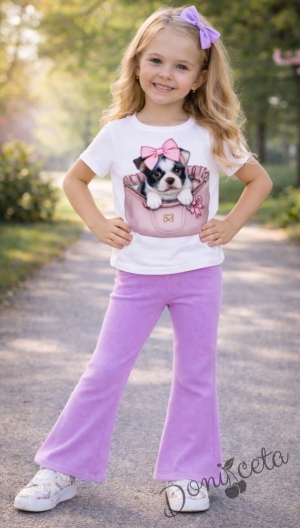 Комплект за момиче от  бяла тениска с куче и разкроен панталон в лилав цвят