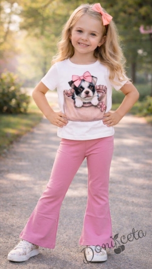 Комплект за момиче от  бяла тениска с куче и разкроен панталон в розов цвят