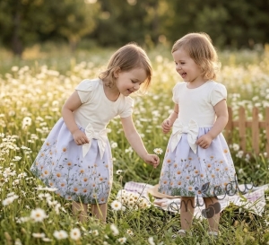 Детска ежедневна рокля в екрю и нежен светлосин цвят с флорални мотиви