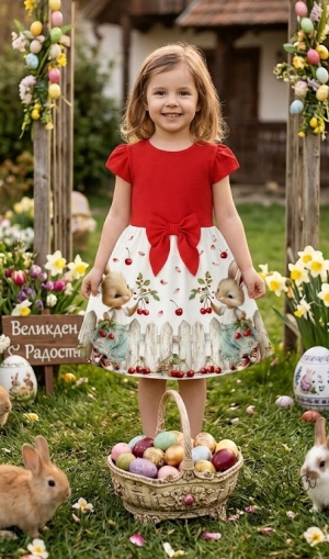 Детска ежедневна рокля в червено и бяло с зайчета