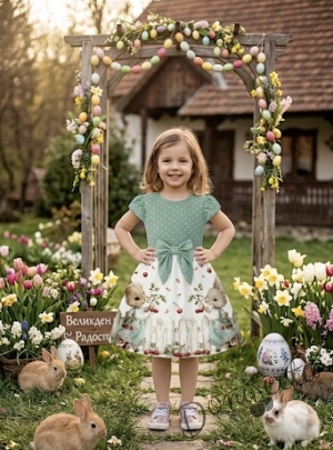 Детска ежедневна рокля с къс ръкав в тюркоаз и бяло с зайчета