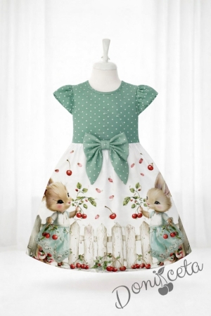 Детска ежедневна рокля с къс ръкав в тюркоаз и бяло с зайчета