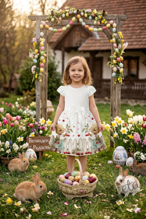 Детска ежедневна рокля с къс ръкав бяло с зайчета