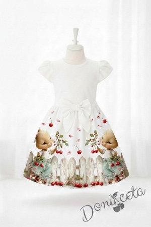 Детска ежедневна рокля с къс ръкав бяло с зайчета